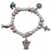 Elastic Moonstone and Imitation Pearl Bracelet with 5 Charms mm.9 Bead Pink
