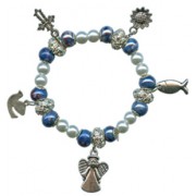 Elastic Moonstone and Imitation Pearl Bracelet with 5 Charms mm.9 Bead Blue