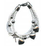 White Synthetic Leather Bracelet Solid Silver Heart Charms Gift Boxed