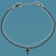 Black Leather and Metal Chain Bracelet with Pewter Cross Gift Boxed