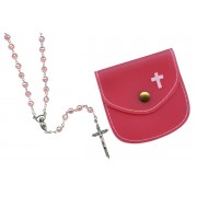 Pink mm.6 Plastic Crystal Looking Rosary Aurora Borealis with Matching Pouch