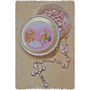 Communion Moonstone Rosary Little Hearts Aurora Borealis Simple Link 6mm Pink with Communion Rosary Box