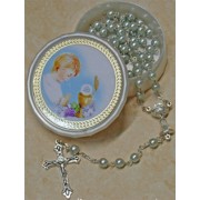 High Quality Imitation Pearl Rosary Simple Link 5mm and Chalice Blue with Communion Rosary Box