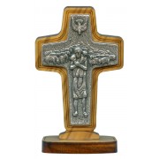 Good Shepherd/ Pope Francis Crucifix with Base Olive Wood cm.8.5x 5.6 - 3 1/2"x 2 1/4"