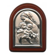 Mother and Child with Guardian Angel Plaque with Stand Brown Frame cm. 6x7- 2 1/4"x2 3/4"