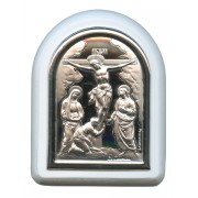 Crucifixion Plaque with Stand White Frame cm. 6x7- 2 1/4"x2 3/4"