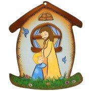 Placa con forma de casa con Jesús y el Niño cm.10.5x12.5- 4 "x5"