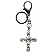 Cross Key Chain/ Purse Charm Silver Plated with Clear Crystals cm.12.5- 5"