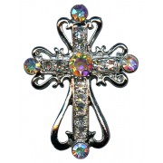 Silver Plated Cross Lapel Pin with Clear Crystals cm.2.5x3.5-1"-1 3/8"