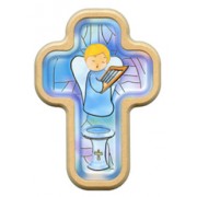 Boy Guardian Angel Communion Cross with Wood Frame cm.10x14.5 - 4"x5 3/4"