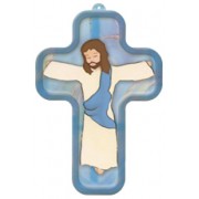 Blue Cartoon Jesus Crucified Wood Laminated Cross cm.13x9 - 5"x 31/2"