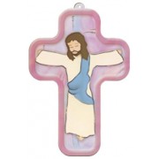 Pink Cartoon Jesus Crucified Wood Laminated Cross cm.13x9 - 5"x 31/2"